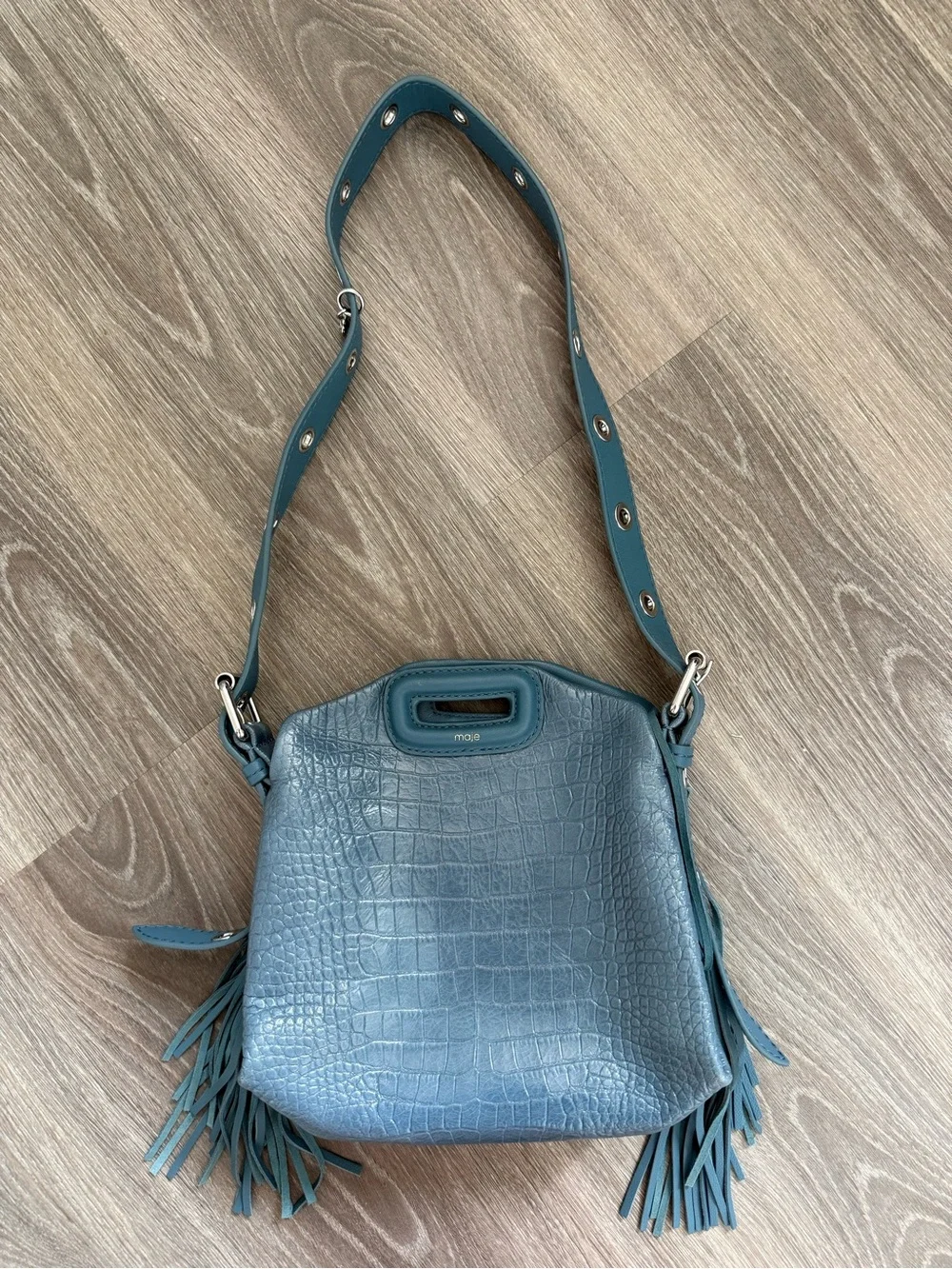 Maje Blue Croc-Embossed Fringe Shoulder Bag